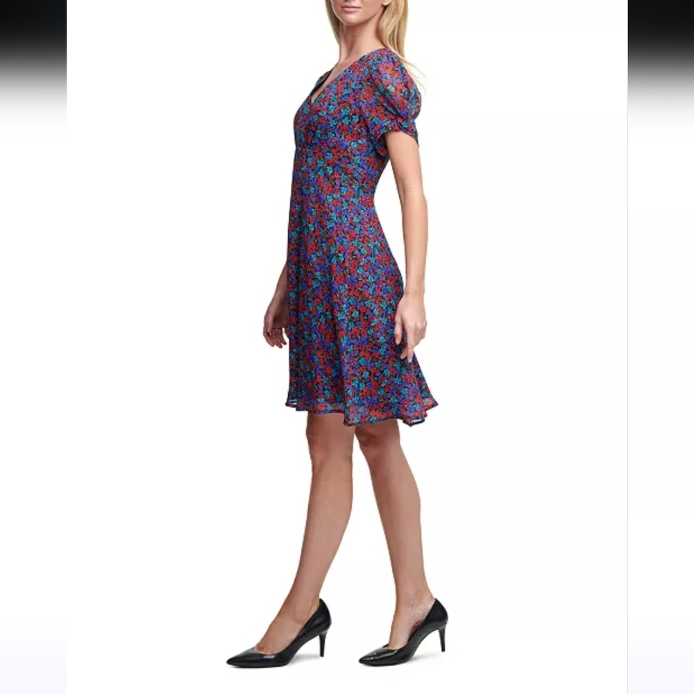 Calvin Klein Floral Petite Printed Puff Sleeve Dress Size 2